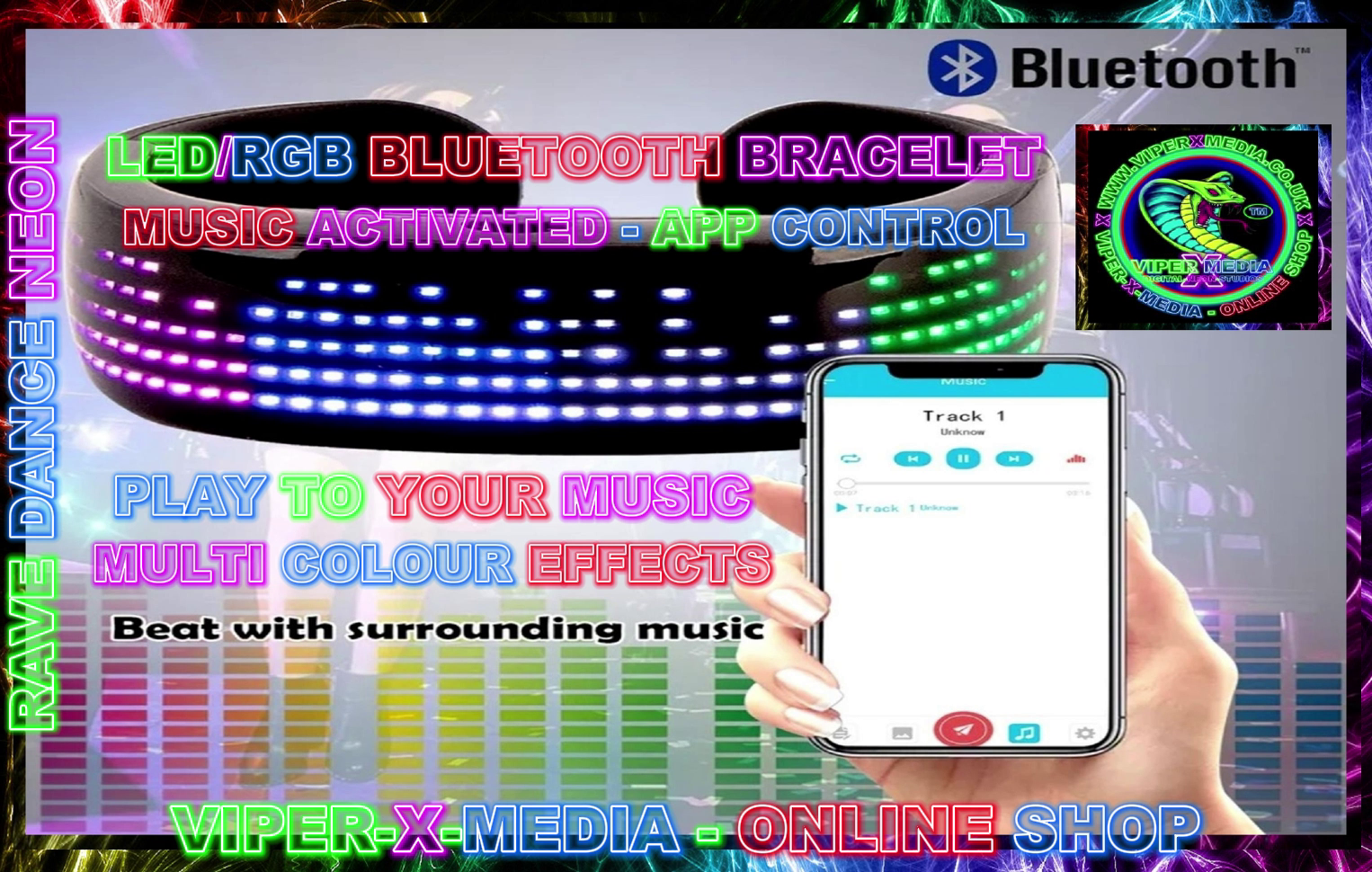 LED/RGB BLUETOOTH APP BRACELET MUSIC MULTI EFFECT WRISTBAND - RAVE/DANCE/NEON