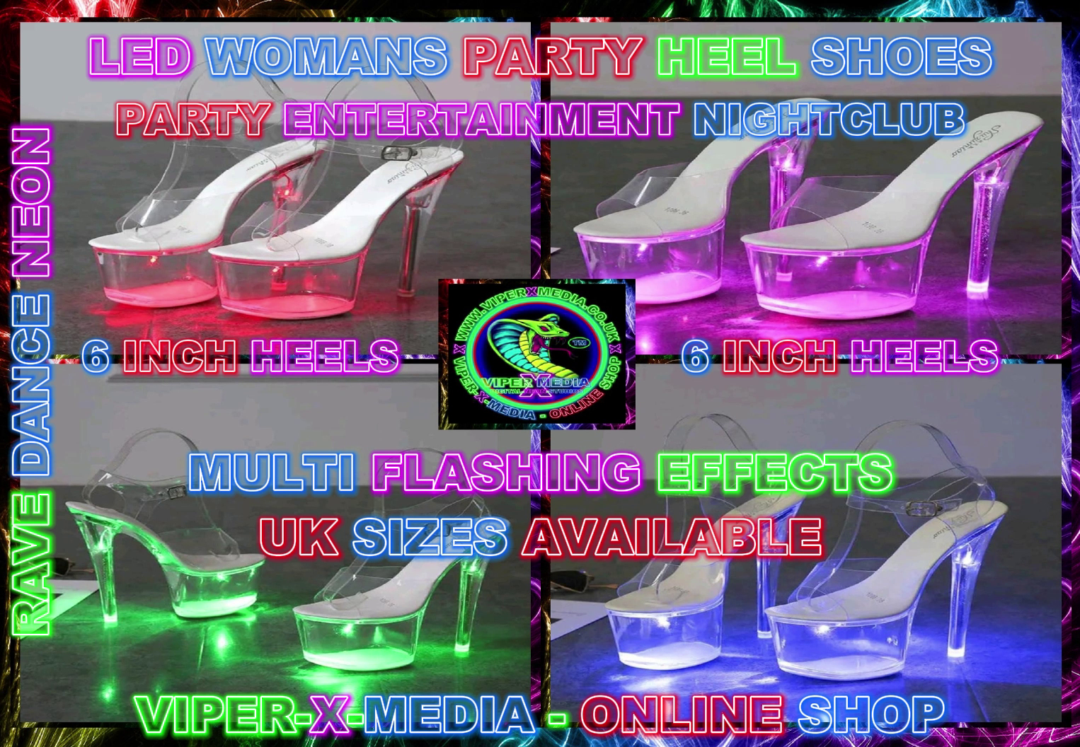 LED WOMANS PARTY 6 INCH HIGH HEELS SHOES MULTI COLOURS UK SIZES - RAVE/DANCE/NEON