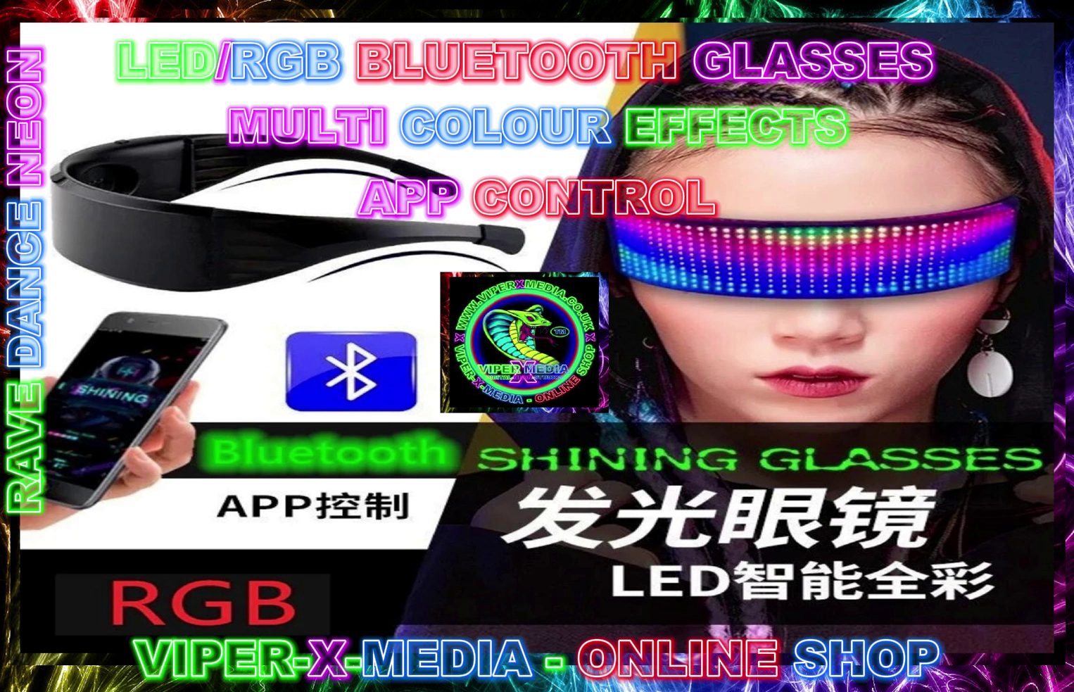 LED/RGB SWITCH/APP BLUETOOTH GLASSES MULTI EFFECT ACTIVATED - RAVE/DANCE/NEON