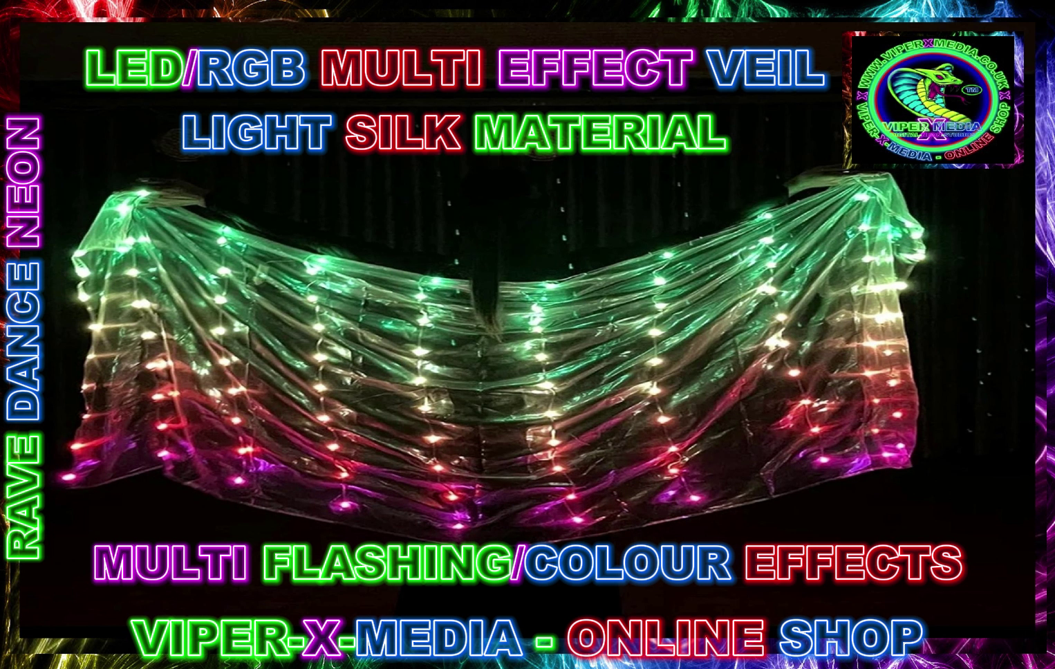 LED/RGB MULTI COLOUR EFFECT ACTIVATED LIGHT SILK VEIL - RAVE/DANCE/NEON