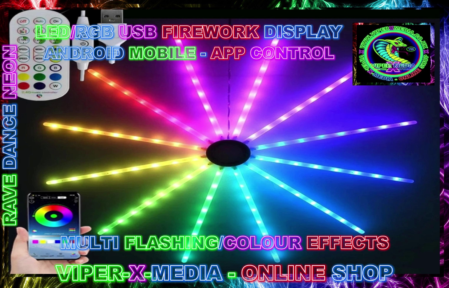 LED/RGB MULTI EFFECT WALL LIGHT APP CONTROLLED/USB FIREWORK - RAVE/DANCE/NEON