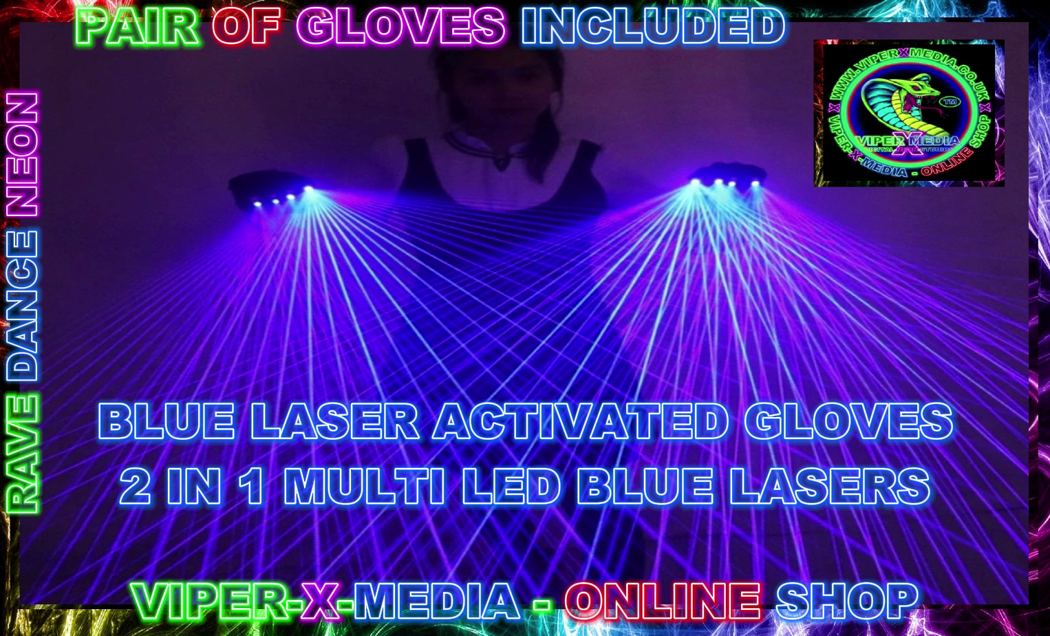 BLUE LASER LED GLOVES MULTI 2 IN 1 PAIR OF GLOVES NIGHTCLUB - RAVE/DANCE/NEON