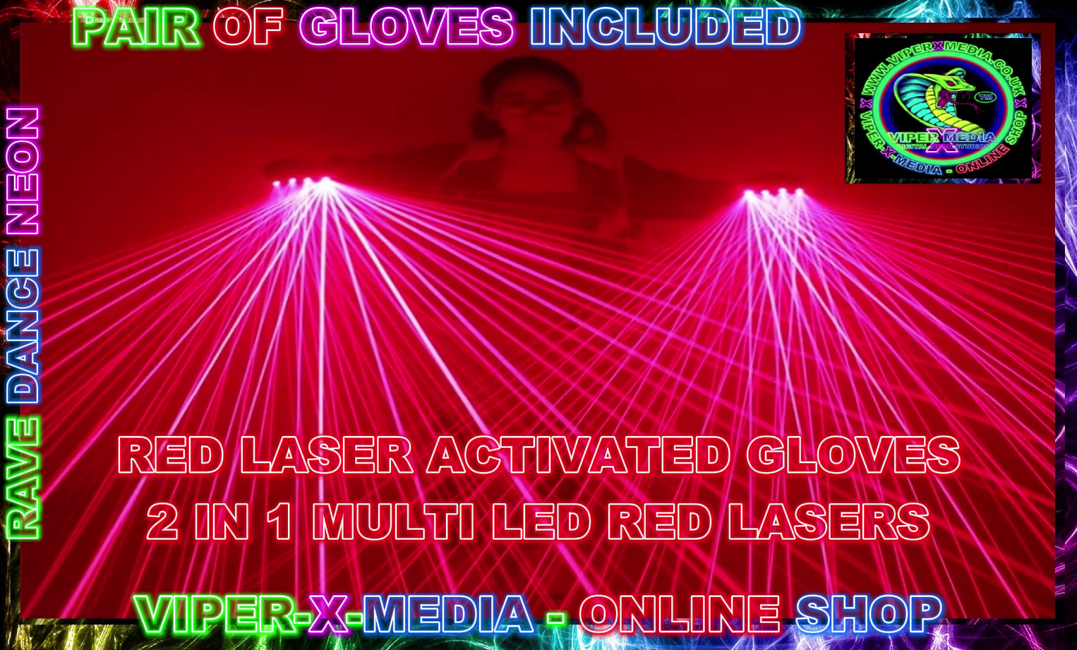 RED LASER LED GLOVES MULTI 2 IN 1 PAIR OF GLOVES NIGHTCLUB - RAVE/DANCE/NEON