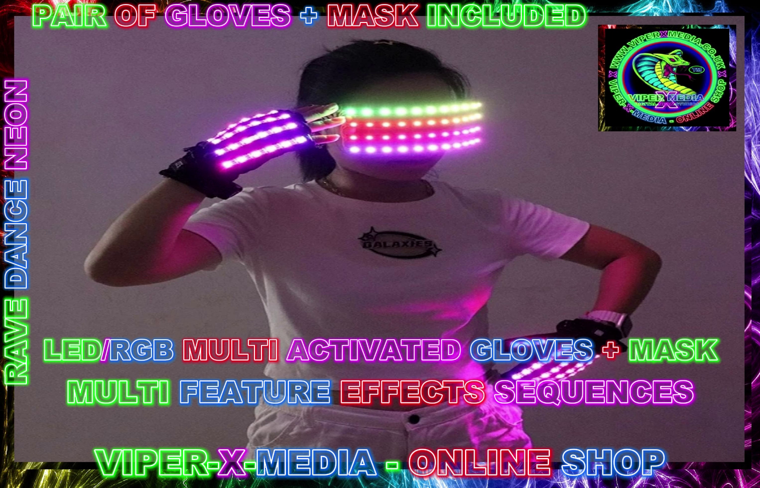 LED/RGB MULTI COLOUR EFFECT PAIR OF GLOVES + MASK NIGHTCLUB - RAVE/DANCE/NEON