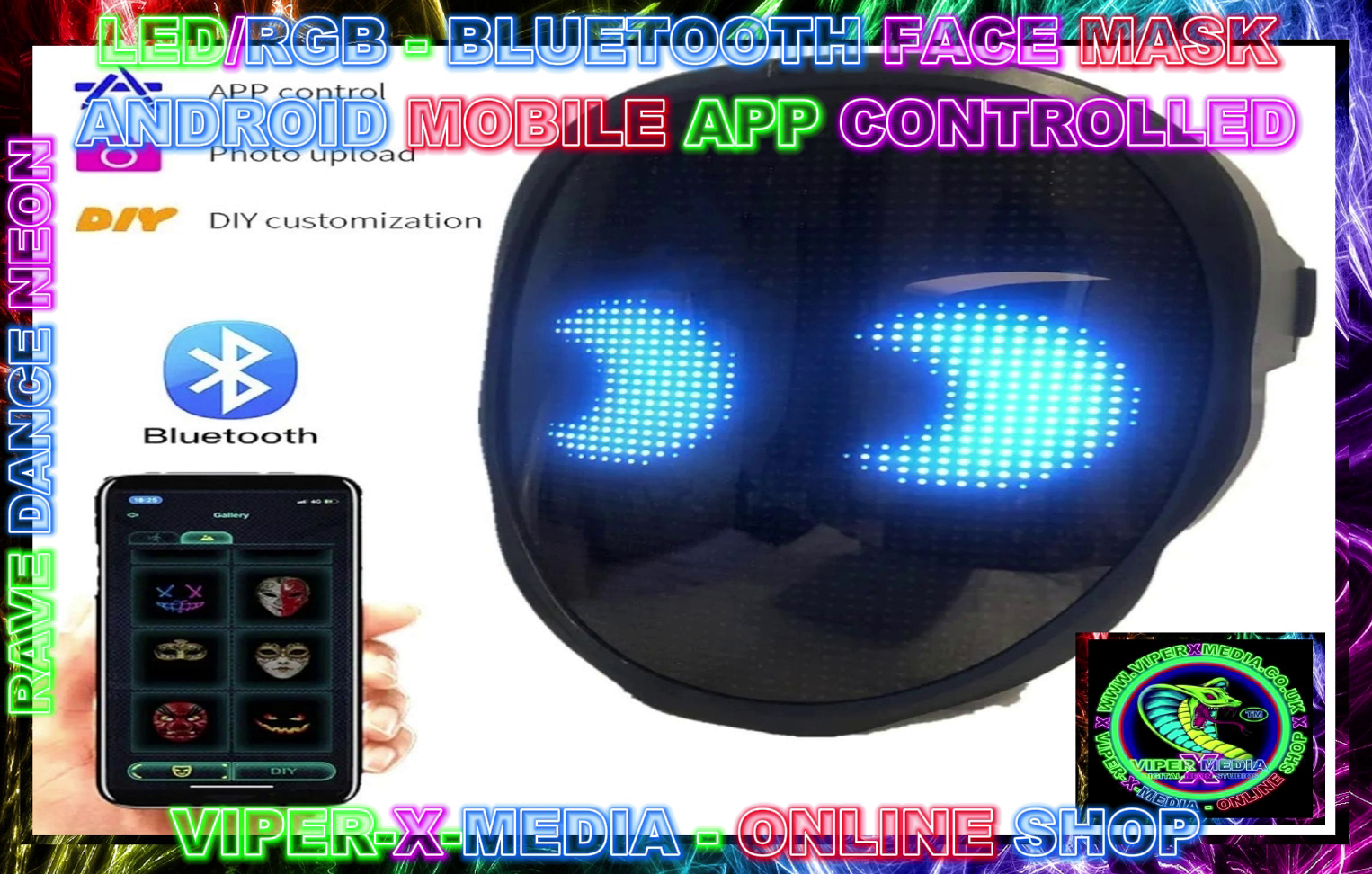 LED/RGB BLUETOOTH RAVE COSPLAY FACE MASK SWITCH/APP CONTROLLED - RAVE/DANCE/NEON