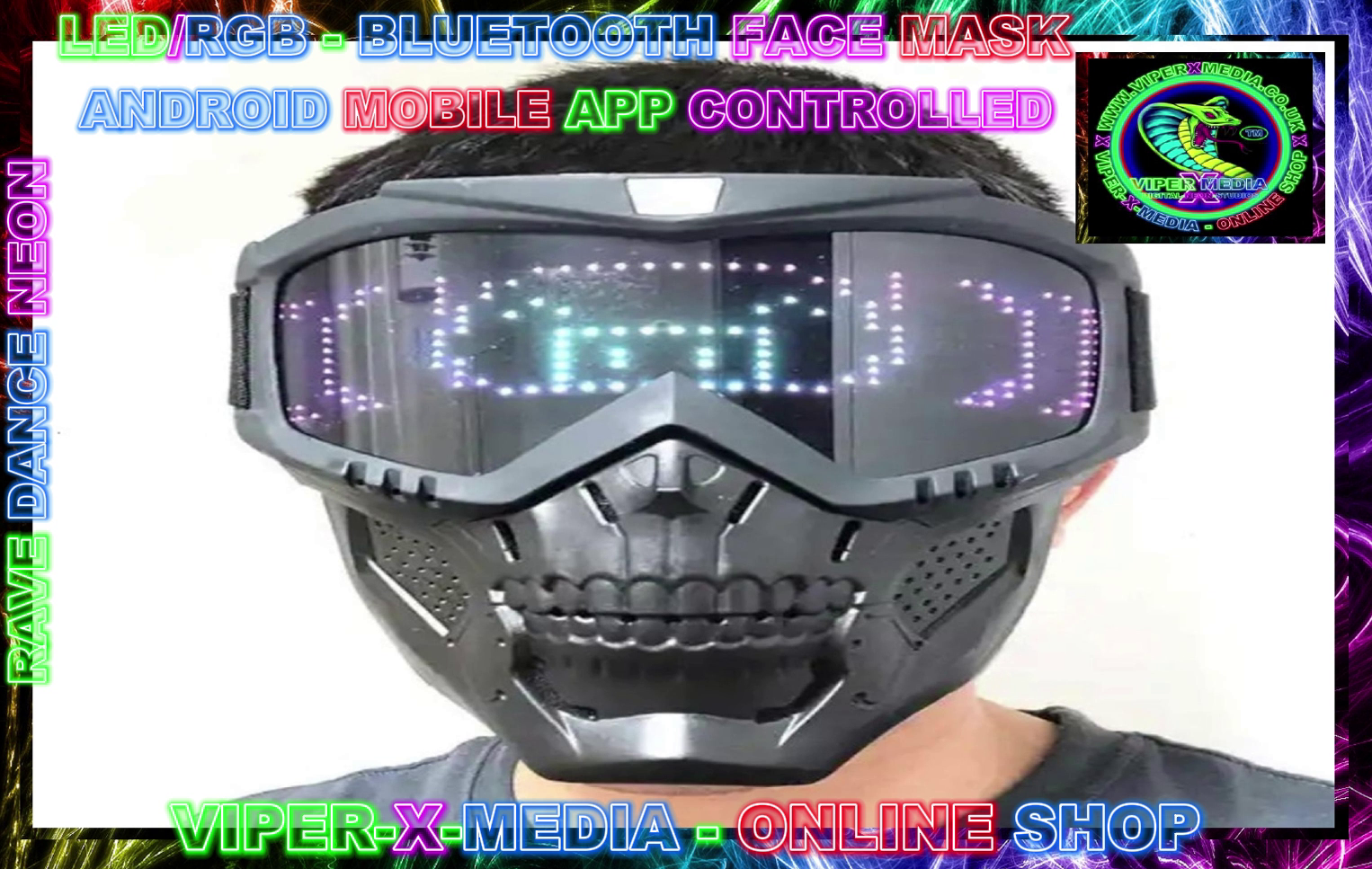 LED/RGB BLUETOOTH RAVE COSPLAY FACE MASK SWITCH/APP CONTROLLED - RAVE/DANCE/NEON