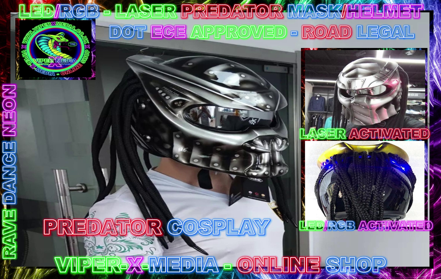 LED/RGB LASER ALIEN PREDATOR MOTORCYCLE CARBON FIBER HELMET - RAVE/DANCE/NEON