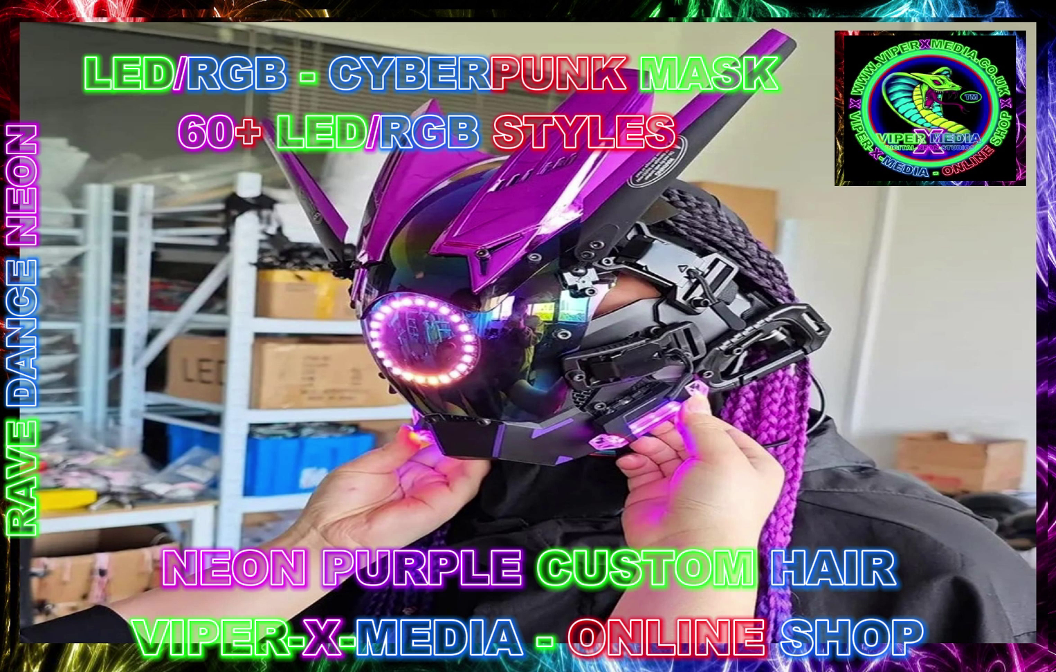 LED/RGB MULTI RING EFFECT 60+ STYLES CYBERPUNK COSPLAY MASK - RAVE/DANCE/NEON
