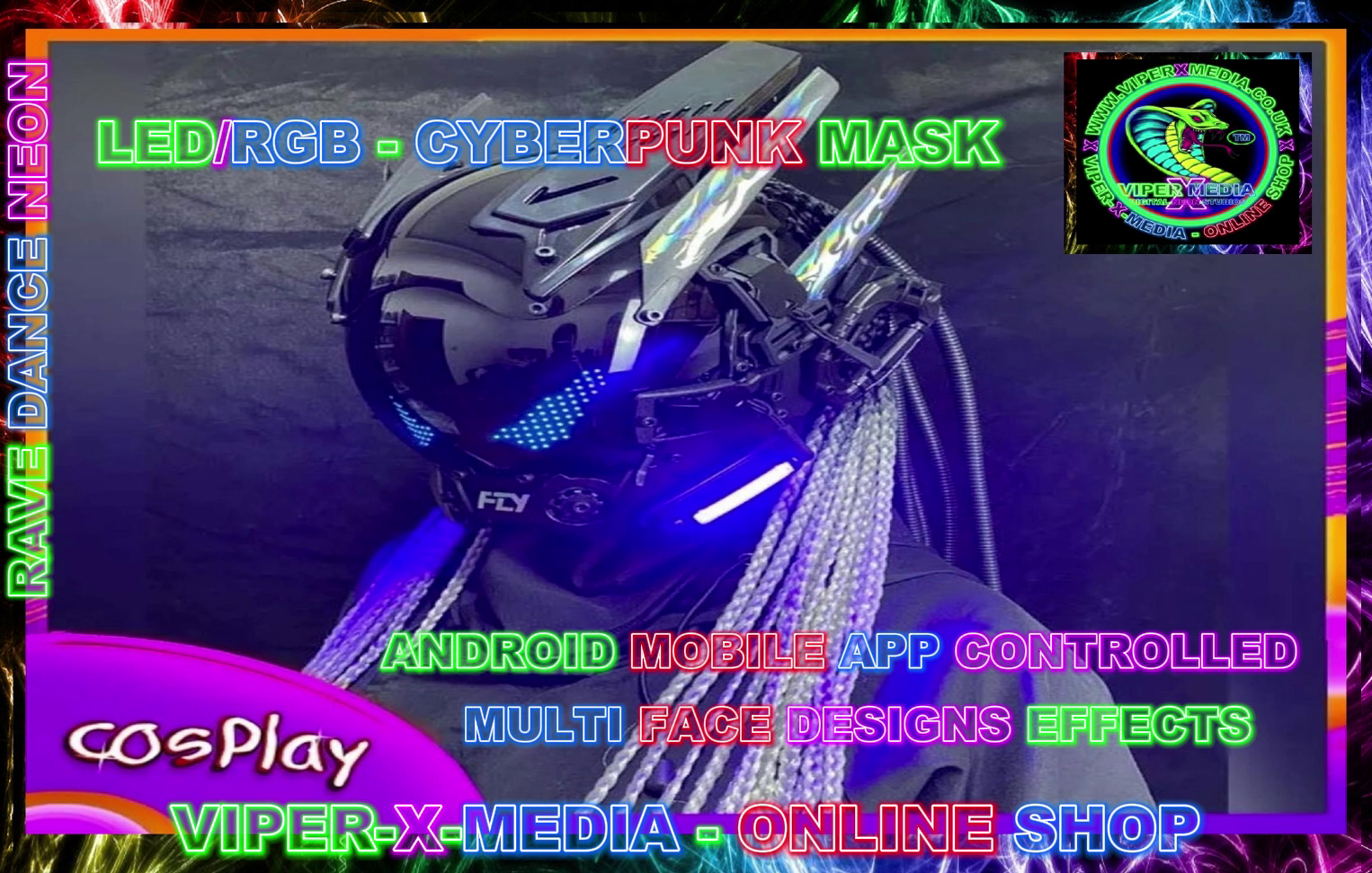 LED/RGB MULTI EFFECT APP CONTROLLED CYBERPUNK COSPLAY MASK - RAVE/DANCE/NEON