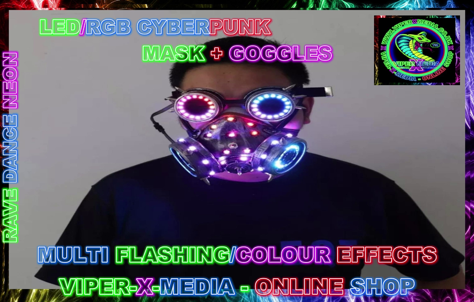 LED/RGB CYBERPUNK GOGGLES + RGB MASK MULTI FLASHING EFFECTS - RAVE/DANCE/NEON