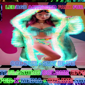 LED/RGB WOMANS SKY BLUE MULTI FAUX FUR JACKET PARTY UK SIZES - RAVE/DANCE/NEON