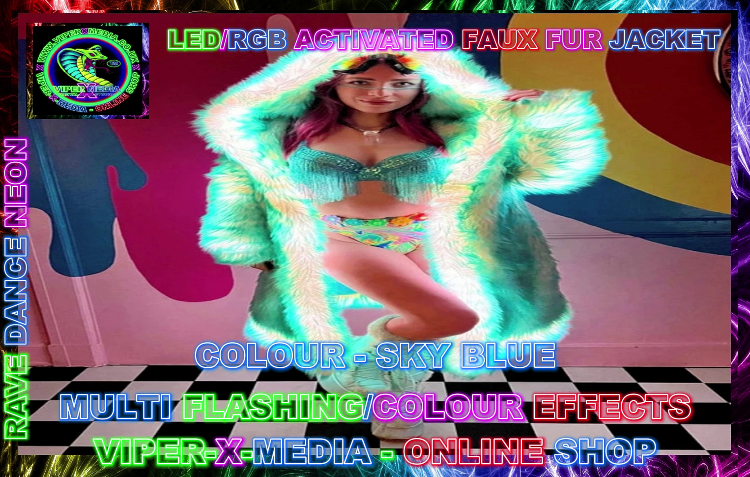 LED/RGB WOMANS SKY BLUE MULTI FAUX FUR JACKET PARTY UK SIZES - RAVE/DANCE/NEON