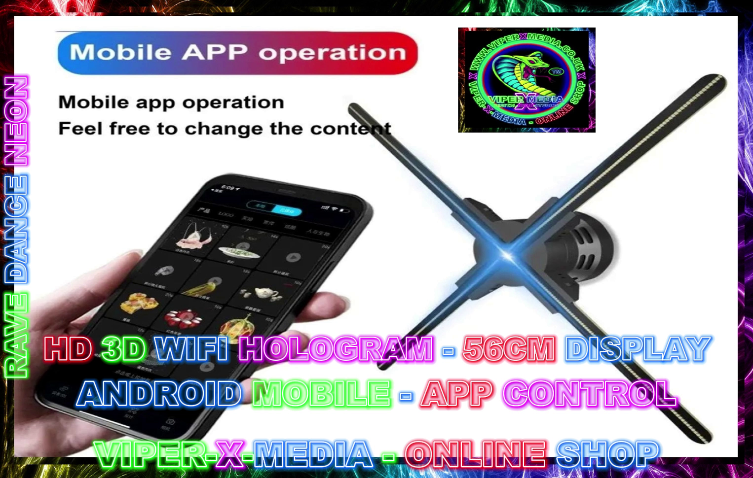 3D WIFI HD 56CM WALL DISPLAY APP CONTROLLED MULTI EFFECT HOLOGRAM - RAVE/DANCE/NEON