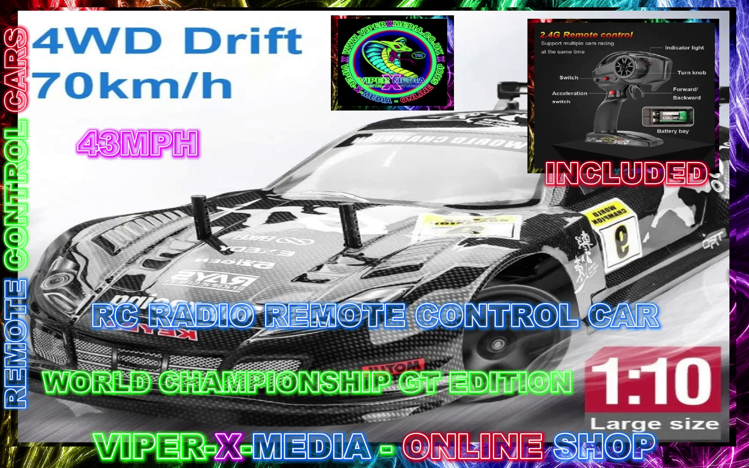 1:10 SCALE RC RADIO/REMOTE CONTROL DRIFT CAR 43MPH 2.4G - WORLD GT EDITION