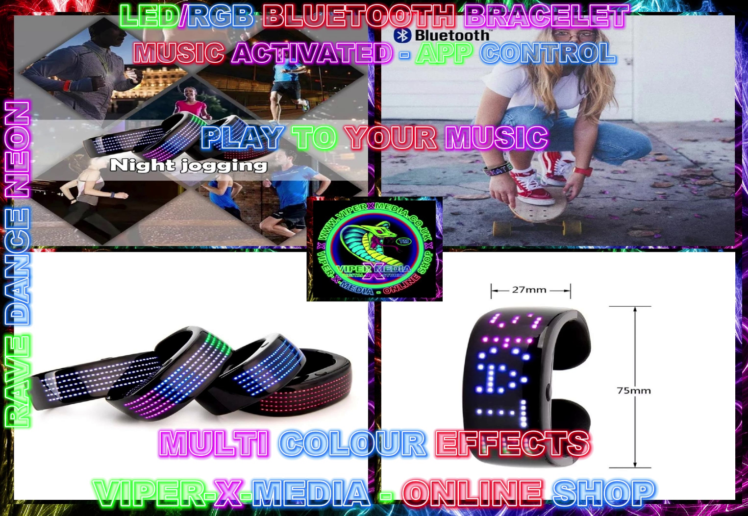 LED/RGB BLUETOOTH APP BRACELET MUSIC MULTI EFFECT WRISTBAND - RAVE/DANCE/NEON - Image 2