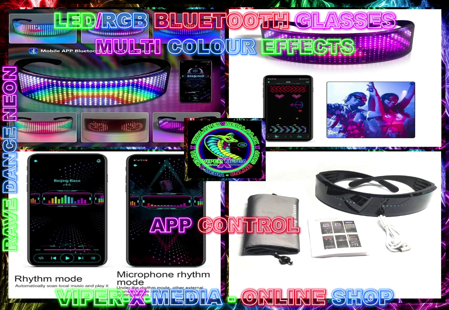 LED/RGB SWITCH/APP BLUETOOTH GLASSES MULTI EFFECT ACTIVATED - RAVE/DANCE/NEON - Image 2