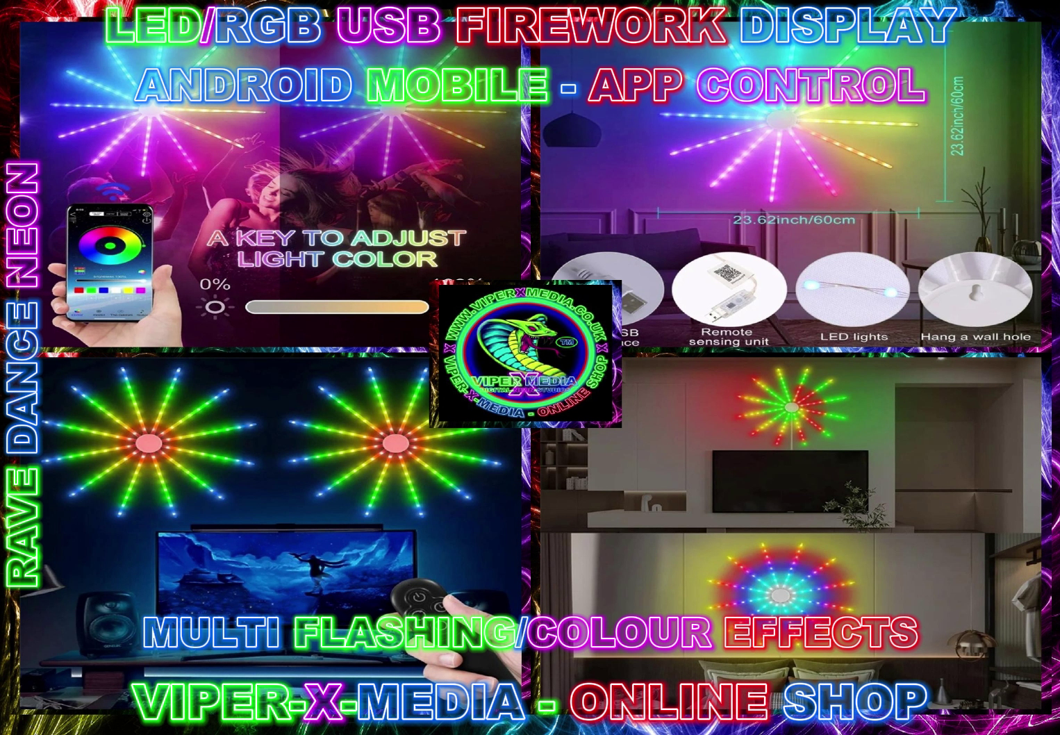 LED/RGB MULTI EFFECT WALL LIGHT APP CONTROLLED/USB FIREWORK - RAVE/DANCE/NEON - Image 2