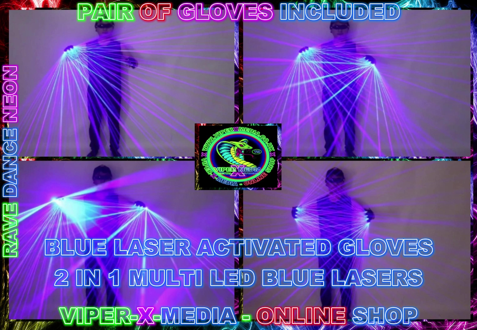 BLUE LASER LED GLOVES MULTI 2 IN 1 PAIR OF GLOVES NIGHTCLUB - RAVE/DANCE/NEON - Image 2