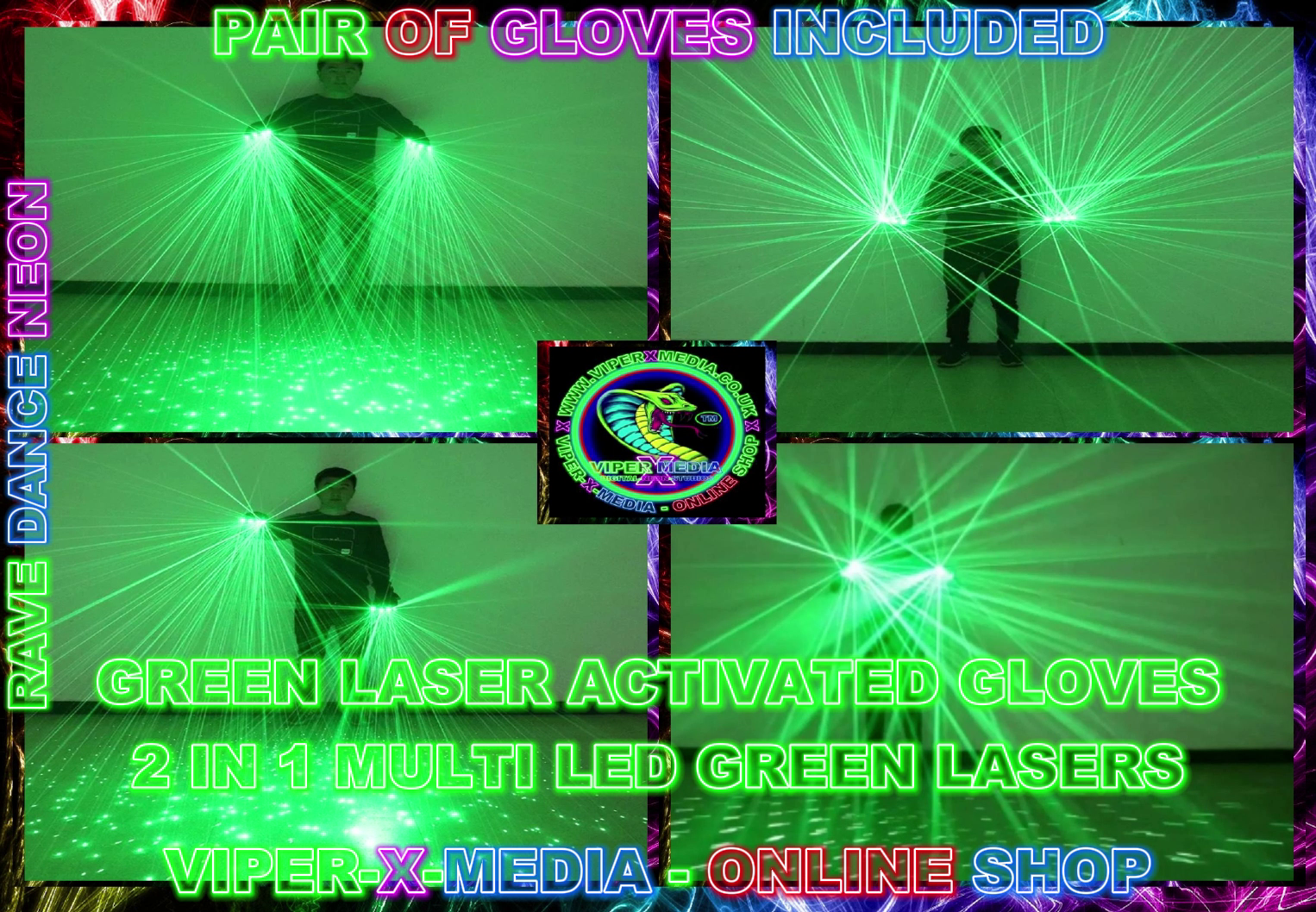 GREEN LASER LED GLOVES MULTI 2 IN 1 PAIR OF GLOVES NIGHTCLUB - RAVE/DANCE/NEON - Image 2