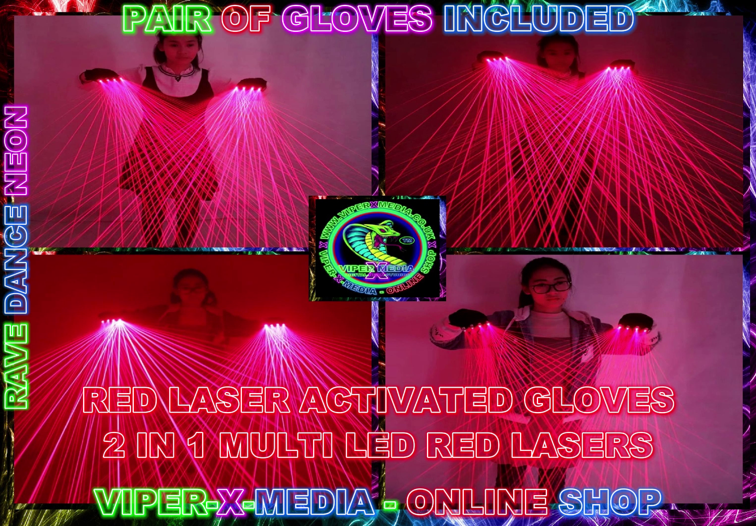 RED LASER LED GLOVES MULTI 2 IN 1 PAIR OF GLOVES NIGHTCLUB - RAVE/DANCE/NEON - Image 2