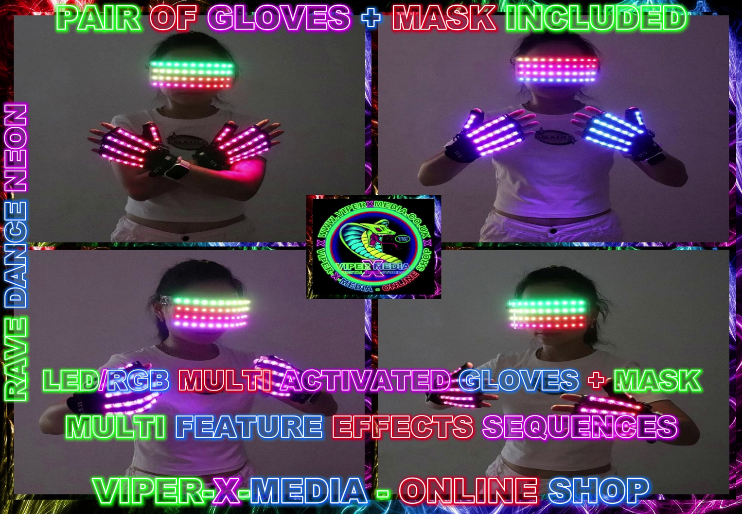 LED/RGB MULTI COLOUR EFFECT PAIR OF GLOVES + MASK NIGHTCLUB - RAVE/DANCE/NEON - Image 2