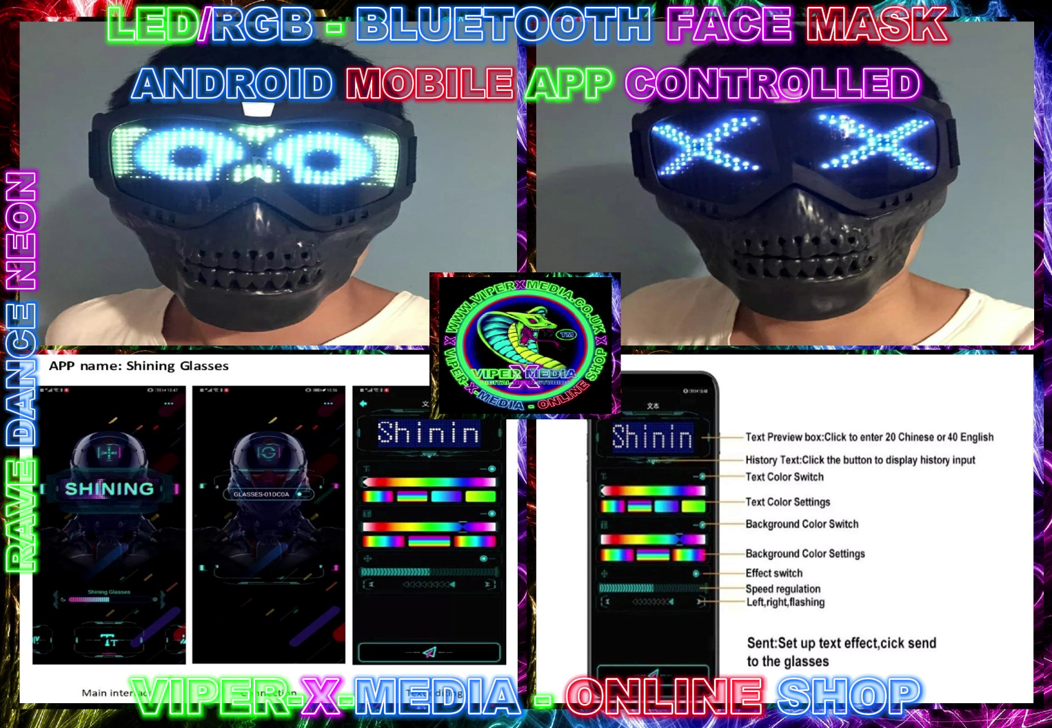LED/RGB BLUETOOTH RAVE COSPLAY FACE MASK SWITCH/APP CONTROLLED - RAVE/DANCE/NEON - Image 2