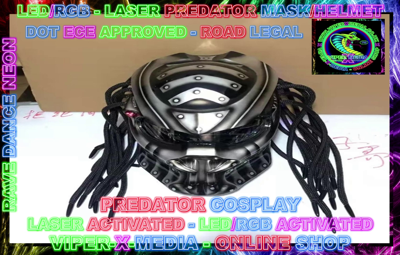 LED/RGB LASER ALIEN PREDATOR MOTORCYCLE CARBON FIBER HELMET - RAVE/DANCE/NEON - Image 2