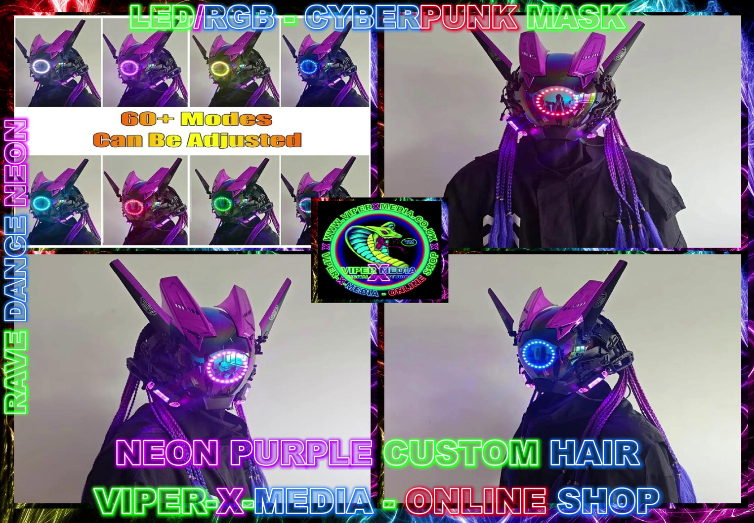 LED/RGB MULTI RING EFFECT 60+ STYLES CYBERPUNK COSPLAY MASK - RAVE/DANCE/NEON - Image 2