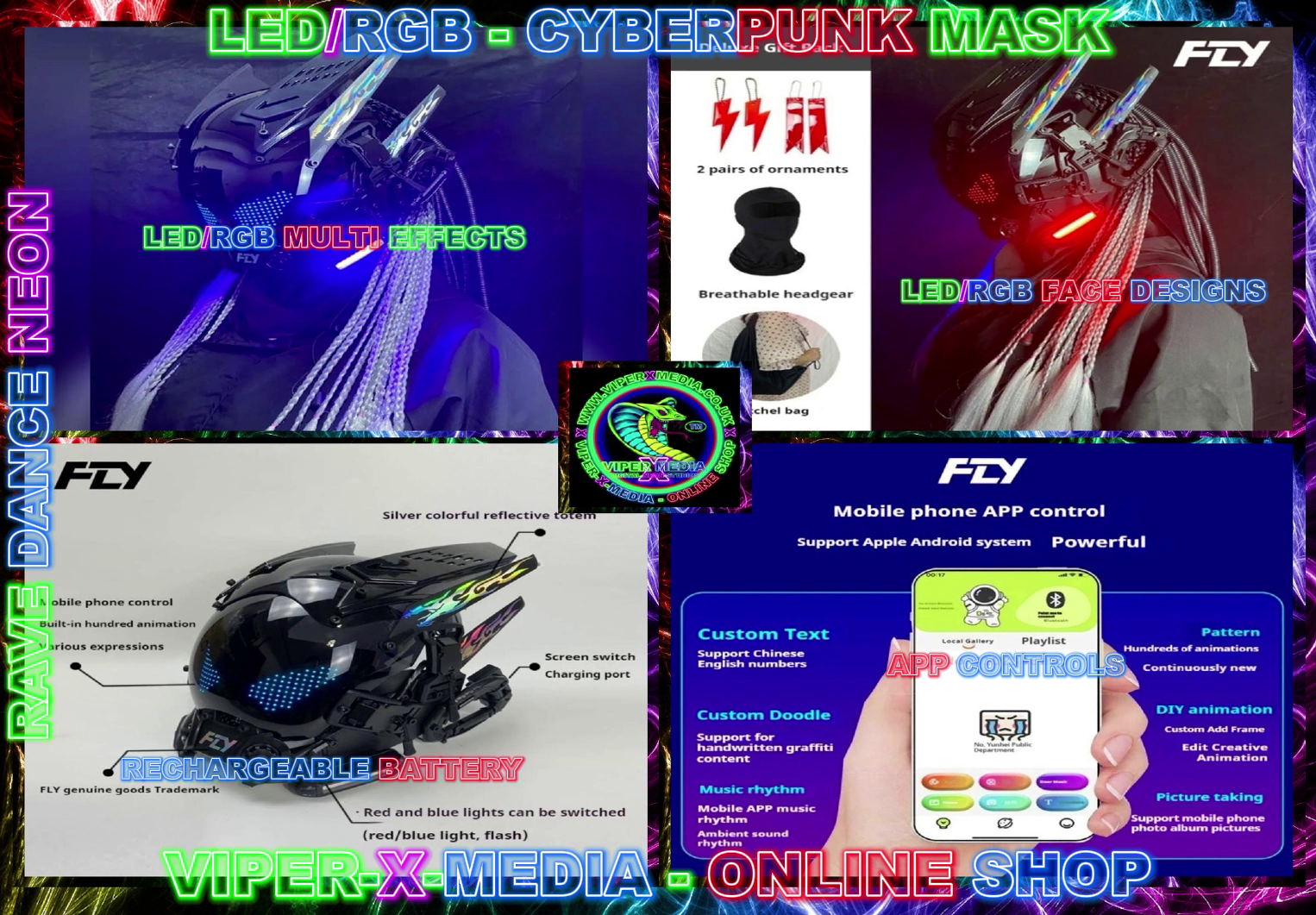 LED/RGB MULTI EFFECT APP CONTROLLED CYBERPUNK COSPLAY MASK - RAVE/DANCE/NEON - Image 2