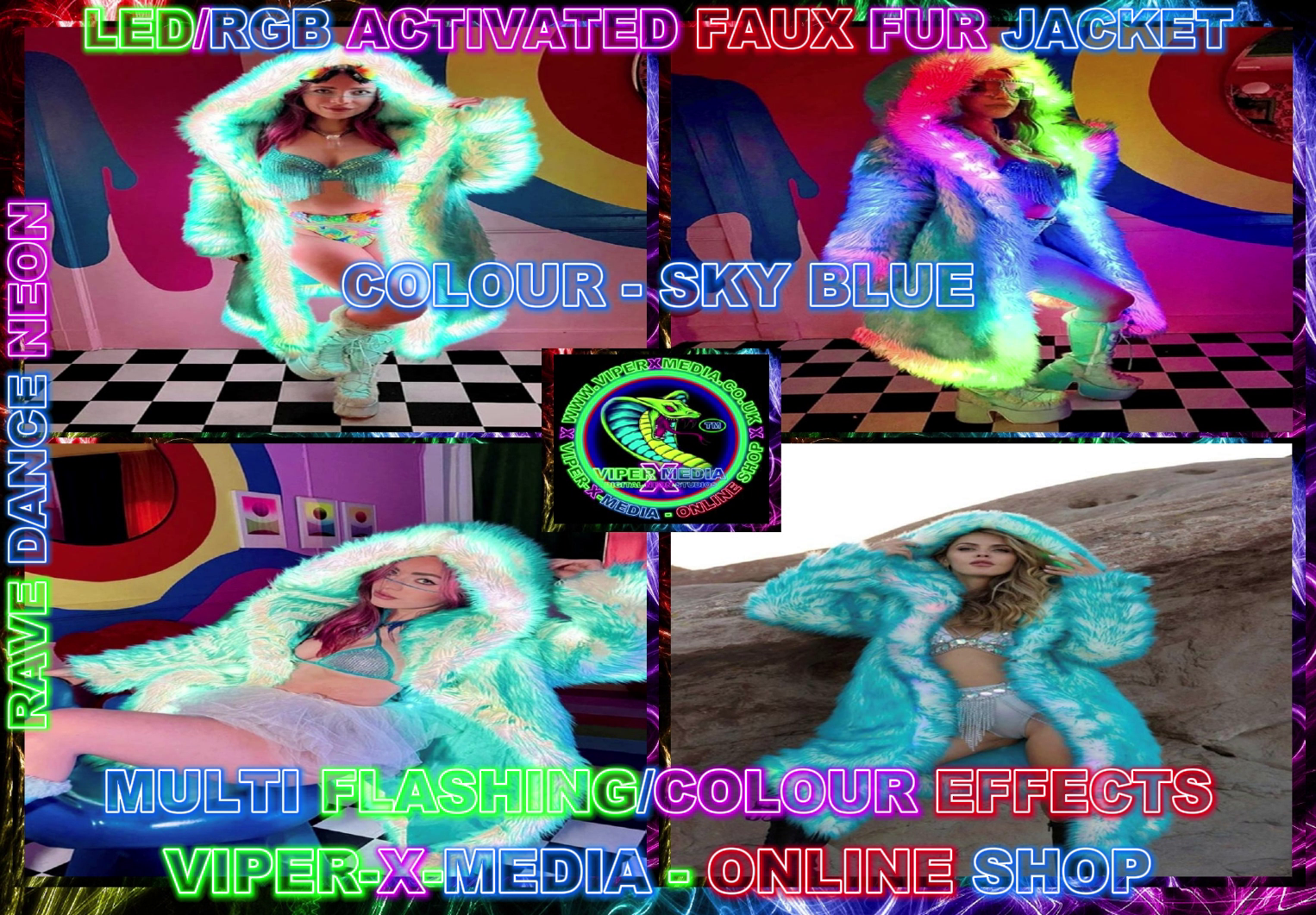 LED/RGB WOMANS SKY BLUE MULTI FAUX FUR JACKET PARTY UK SIZES - RAVE/DANCE/NEON - Image 2