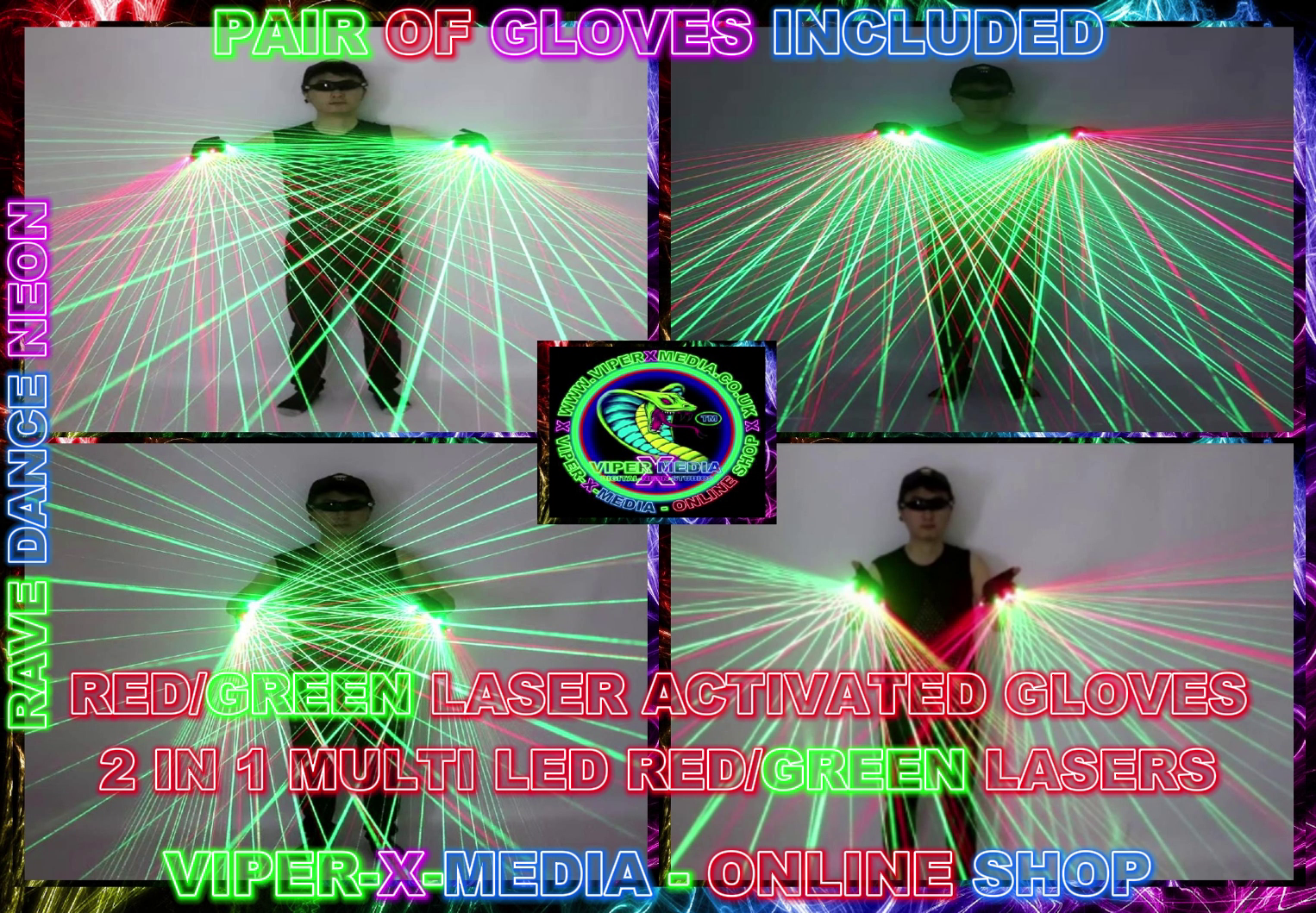 RED/GREEN LASER LED GLOVES MULTI 2 IN 1 PAIR OF GLOVES NIGHTCLUB - RAVE/DANCE/NEON - Image 2