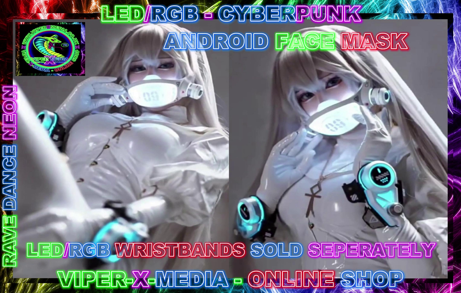 LED/RGB CYBERPUNK ANDROID MASK MULTI FLASHING EFFECTS - RAVE/DANCE/NEON