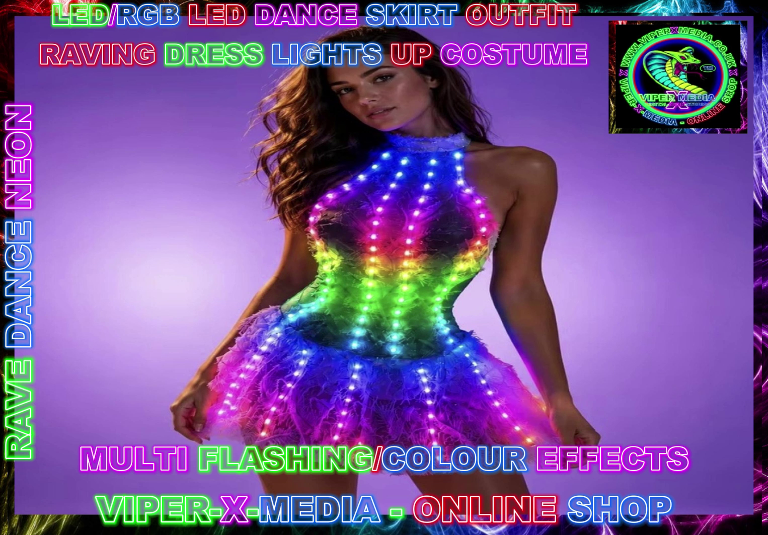 LED/RGB MULTI EFFECT COLOUR DJ PARTY DANCING COSPLAY DRESS SKIRT - RAVE/DANCE/NEON