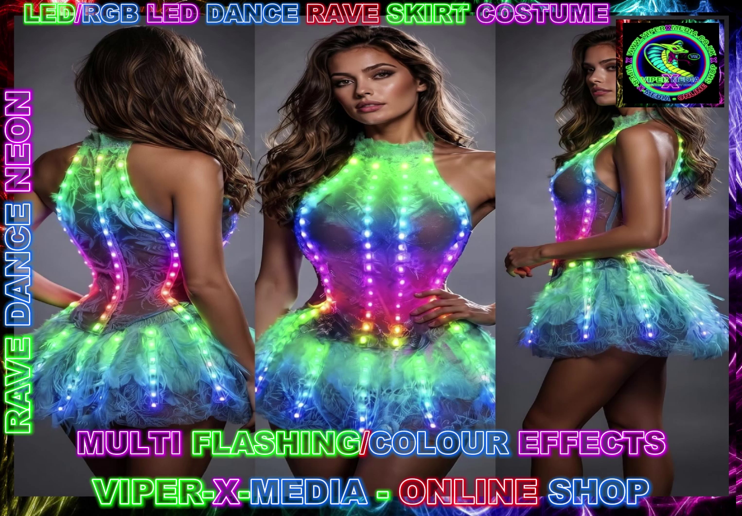 LED/RGB MULTI EFFECT COLOUR DJ PARTY DANCING COSPLAY DRESS SKIRT - RAVE/DANCE/NEON - Image 3